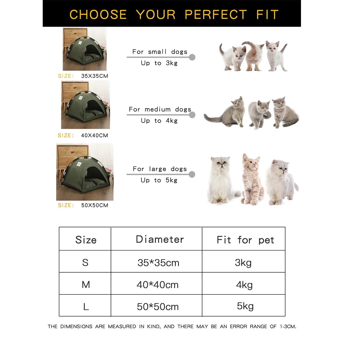 Pet tent size chart: S 35x35 cm up to 3 kg, M 40x40 cm up to 4 kg, L 50x50 cm up to 5 kg
