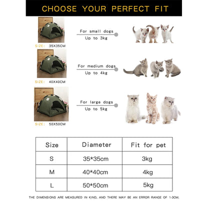 Pet tent size chart: S 35x35 cm up to 3 kg, M 40x40 cm up to 4 kg, L 50x50 cm up to 5 kg