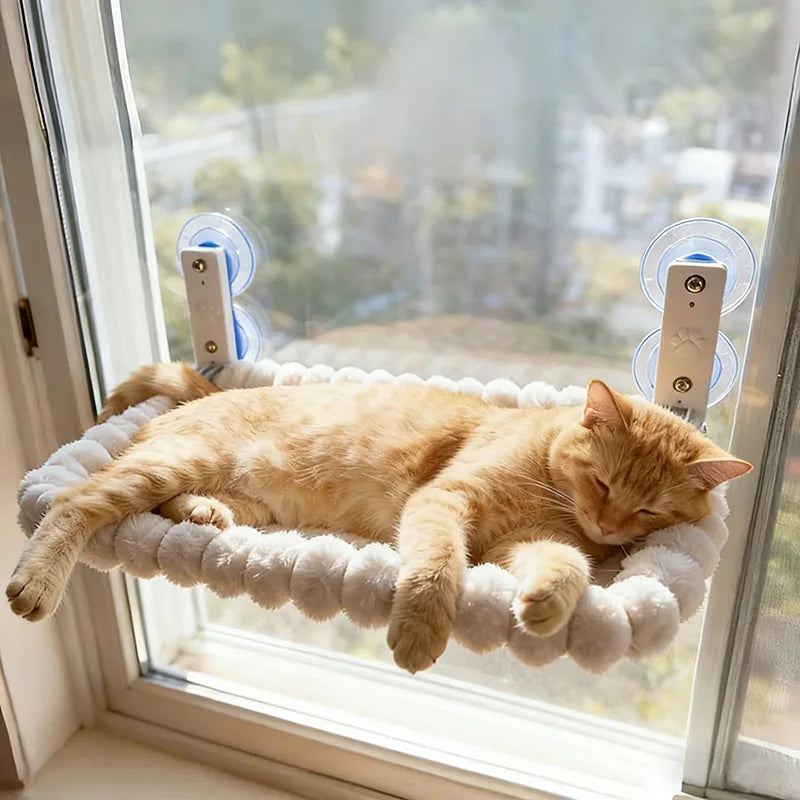 Ginger cat sleeping stretched out on a cream pom-pom cat window hammock suction-cupped to a sunlit window