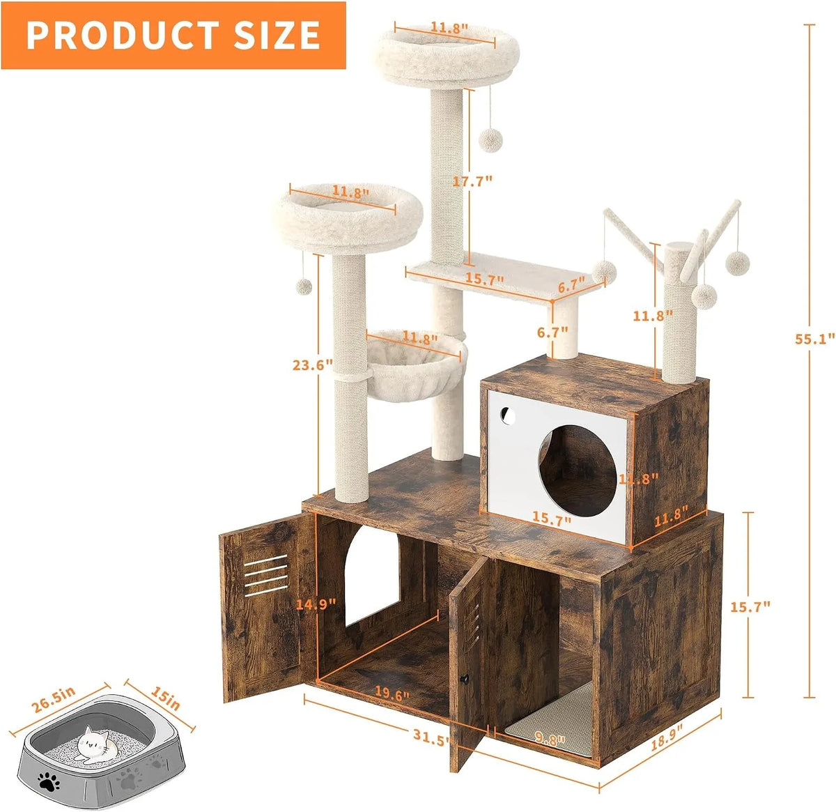 Dimension diagram of the 55.1-inch cat tower: 31.5 x 18.9 x 15.7 inch litter cabinet, 19.6 x 14.9 inch doorway and 11.8 inch platforms, with maximum litter box size 26.5 x 15 inches