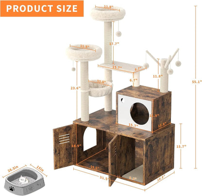 Dimension diagram of the 55.1-inch cat tower: 31.5 x 18.9 x 15.7 inch litter cabinet, 19.6 x 14.9 inch doorway and 11.8 inch platforms, with maximum litter box size 26.5 x 15 inches