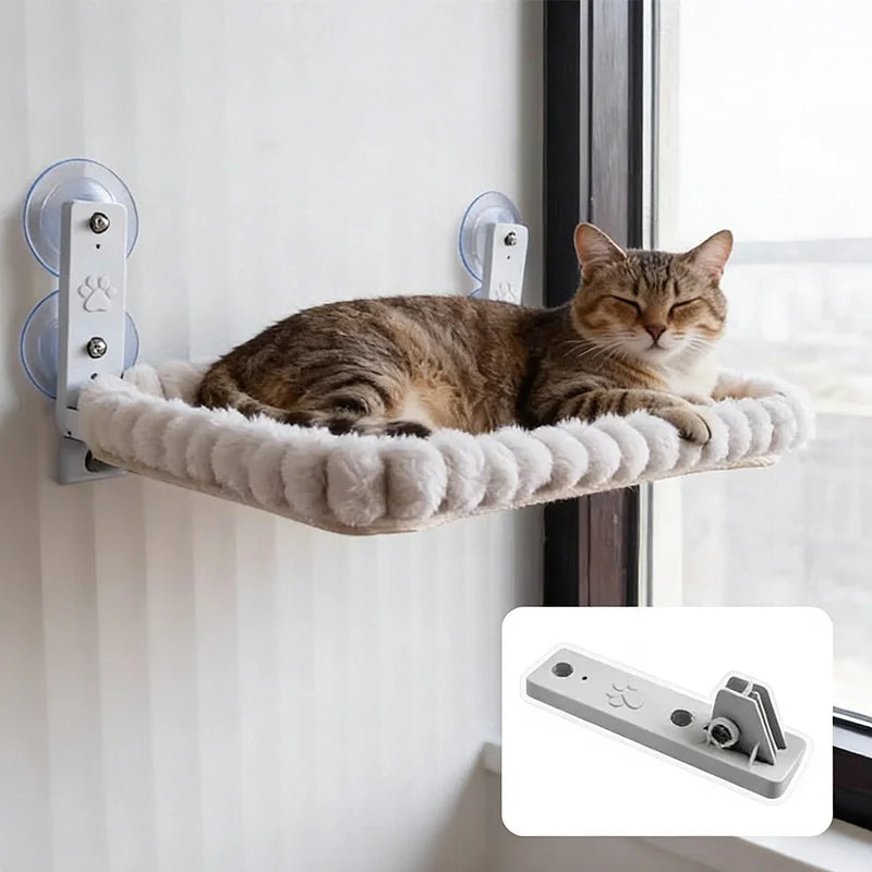 Square cat window hammock suction-cupped to a window with a tabby cat asleep on it, plus a close-up of the metal support bracket
