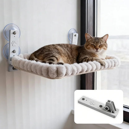Square cat window hammock suction-cupped to a window with a tabby cat asleep on it, plus a close-up of the metal support bracket