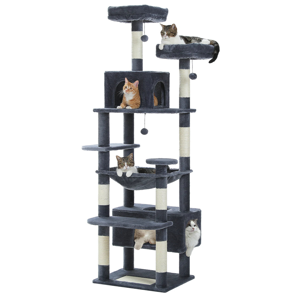 Dark gray multi-level cat tree tower with two condos, a hammock, padded perches and sisal posts on a white background