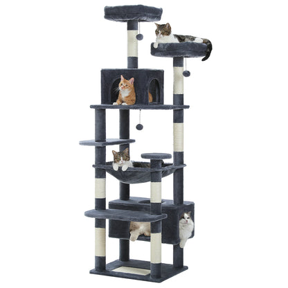 Dark gray multi-level cat tree tower with two condos, a hammock, padded perches and sisal posts on a white background