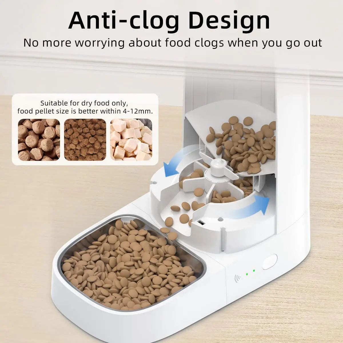 Anti-clog dispensing chute of the ROJECO cat feeder filled with dry kibble sized 4 to 12 mm