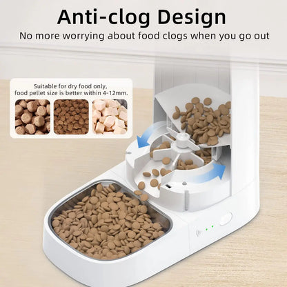 Anti-clog dispensing chute of the ROJECO cat feeder filled with dry kibble sized 4 to 12 mm