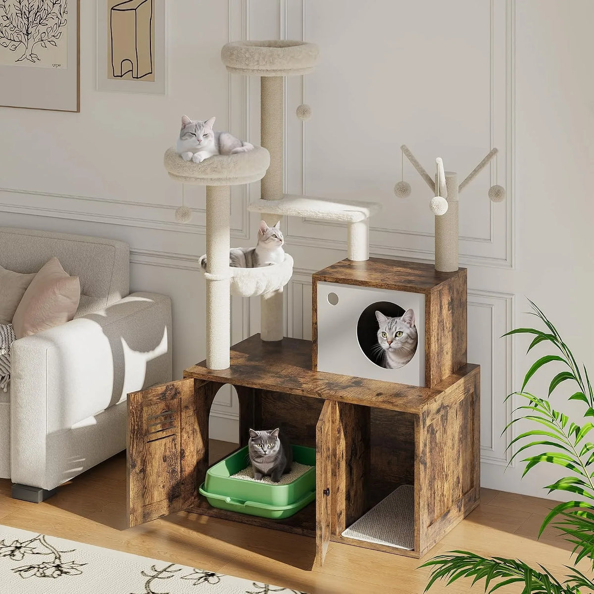 Brown 2-in-1 cat tower in a bright living room with one cat using the litter tray inside the cabinet and two cats resting on the plush platforms