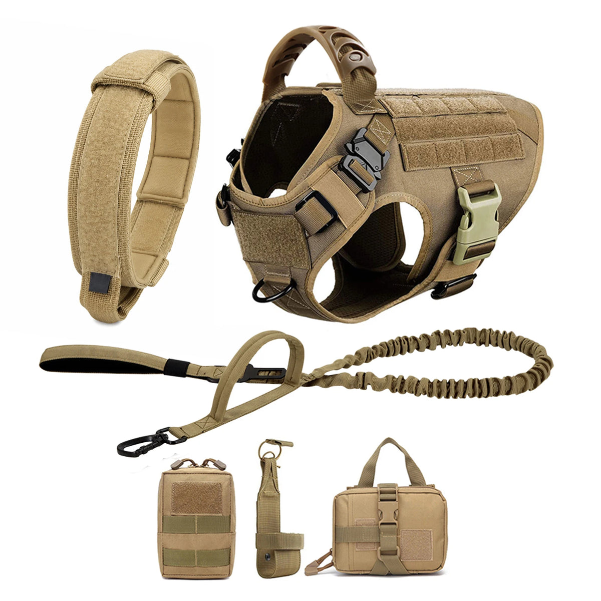Brown tactical dog harness and leash set with padded collar, bungee leash and three MOLLE pouches