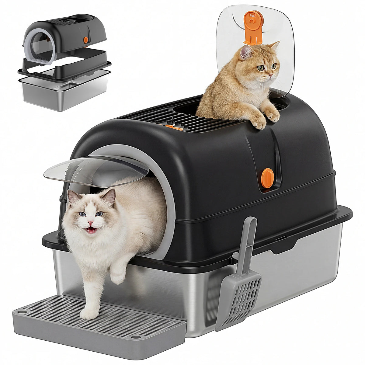 Black enclosed stainless steel cat litter box with a white cat at the front door and an orange cat on top