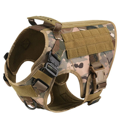 Camouflage tactical dog harness with MOLLE panel, quick-release buckles and front leash D-ring
