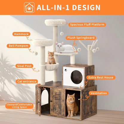 Labelled diagram of the cat tower showing the top fluff platform, hammock, plush springboard, bell pompom toy, sisal posts, arched cat entrance, condo house and ventilation slots