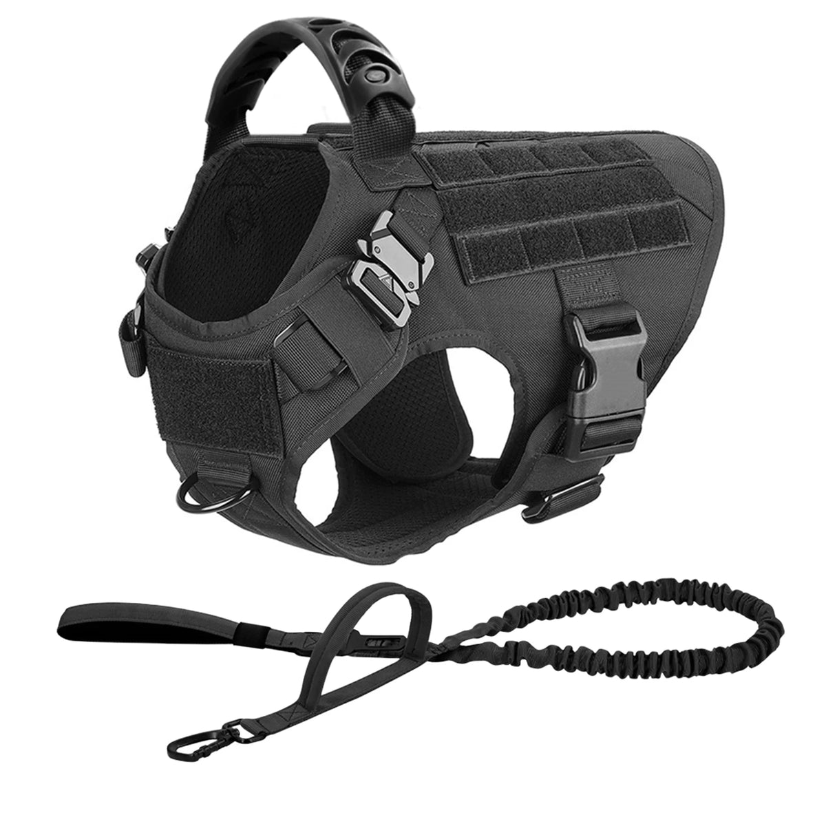 Black tactical dog harness with matching bungee leash, two-piece set on a white background