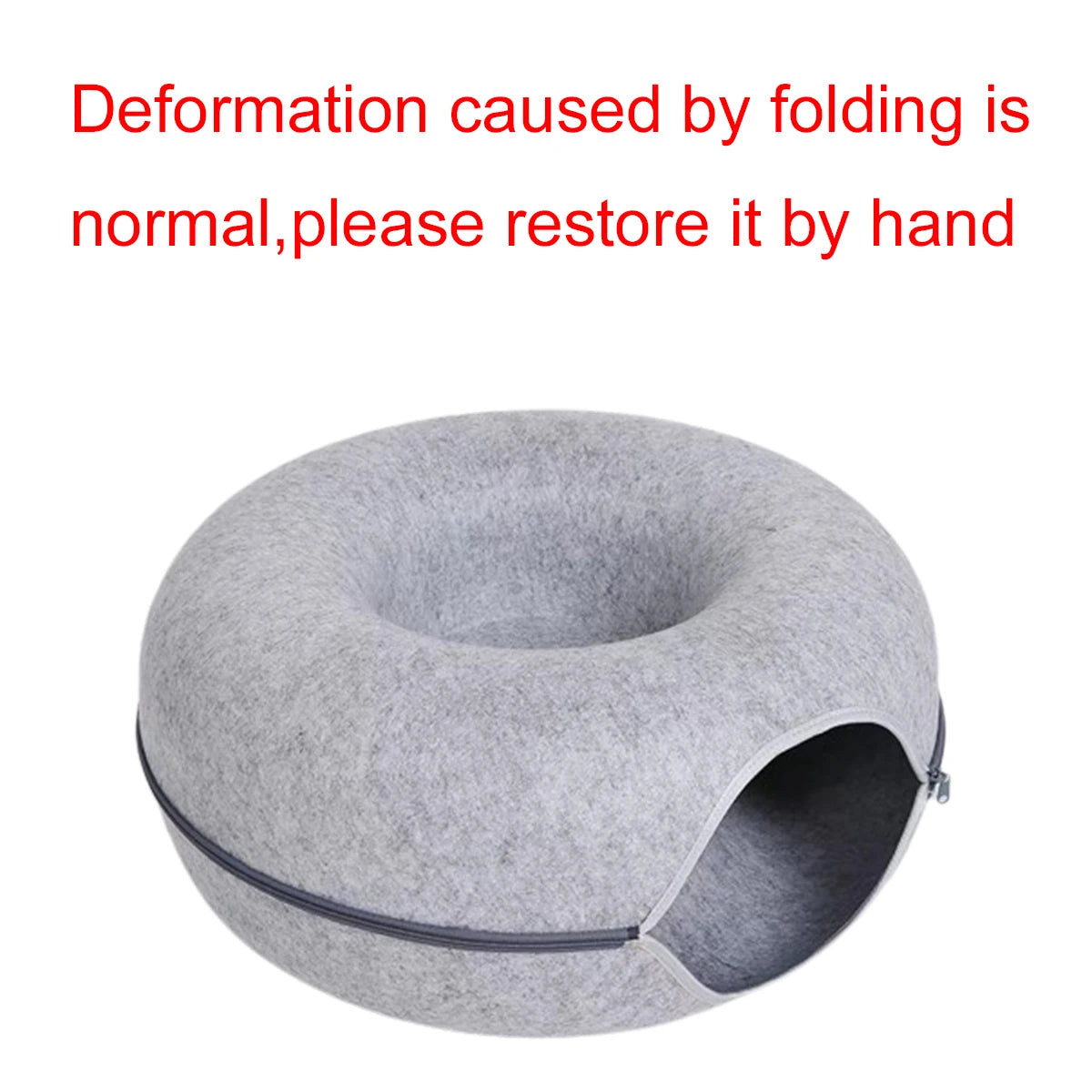 Light grey felt cat donut bed seen from above showing the open centre and side tunnel entrance