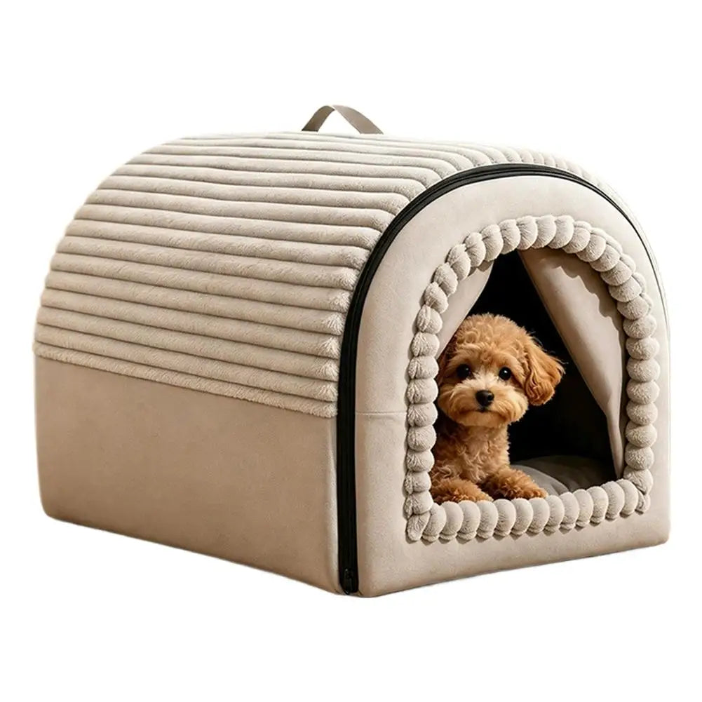 Beige corduroy enclosed pet cave bed with braided plush trim and a poodle sitting inside