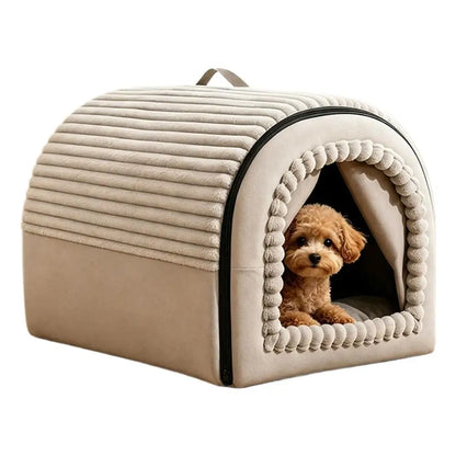 Beige corduroy enclosed pet cave bed with braided plush trim and a poodle sitting inside