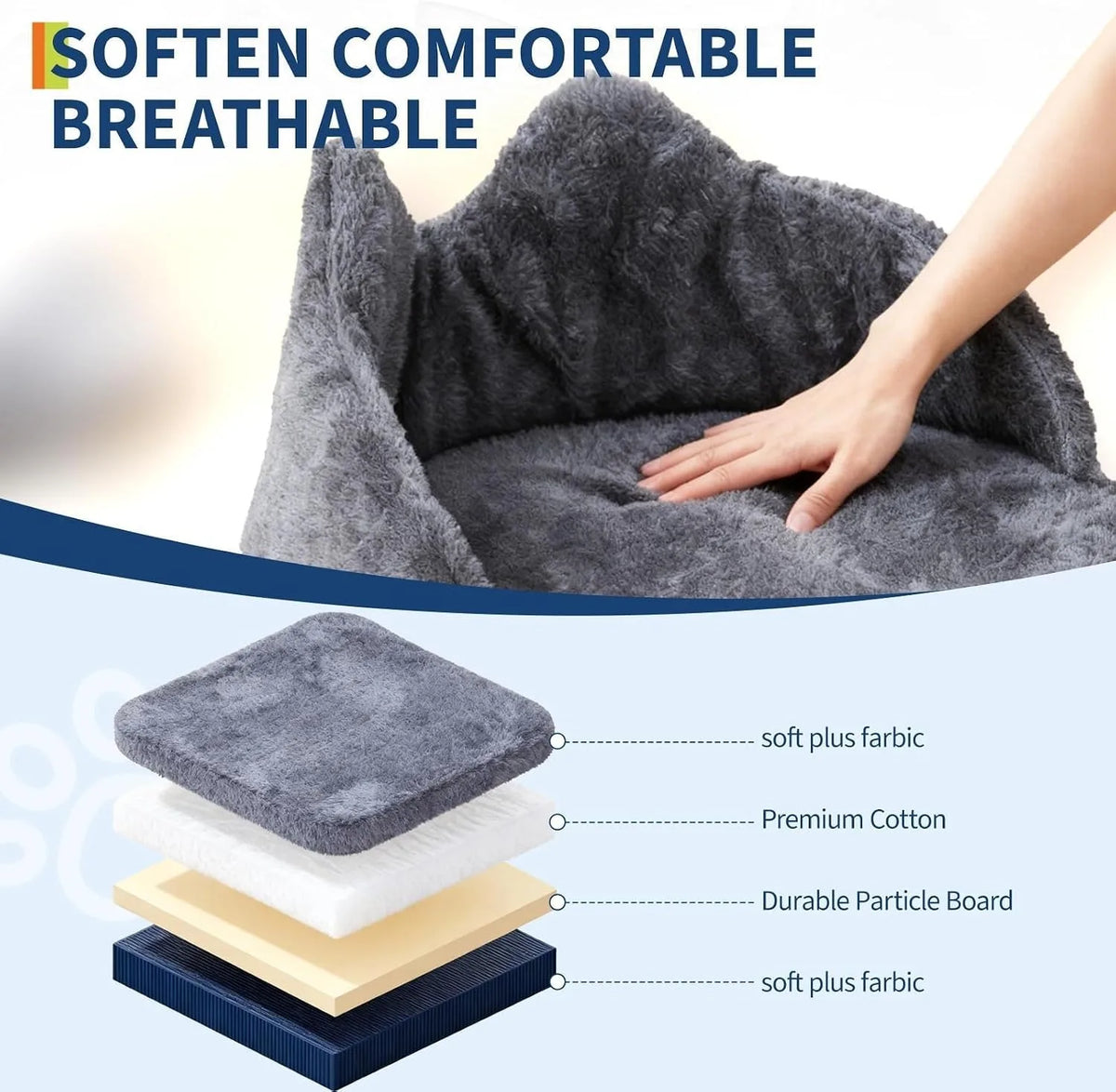 Cat tree platform layers: soft plush fabric, cotton padding and durable particle board core