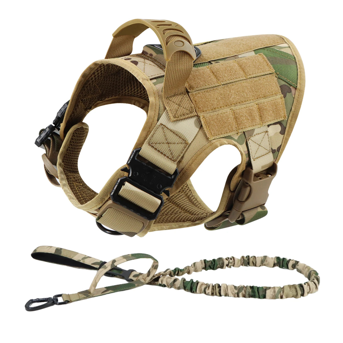 Camouflage tactical dog harness with matching camo bungee leash, two-piece set