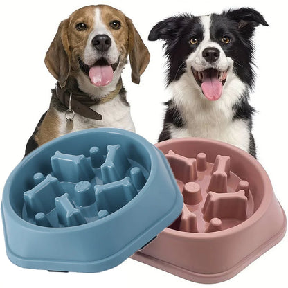 Blue and pink slow feeder dog bowls two-pack with a Beagle and a Border Collie