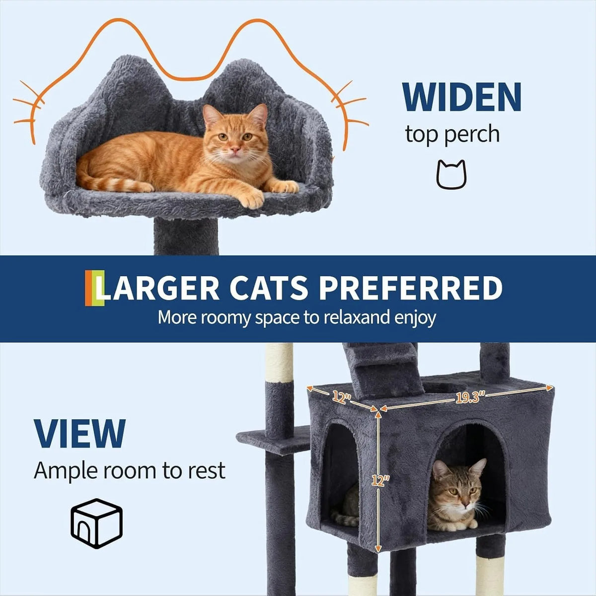 Cat tree condo measurements: 19.3 inch wide, 12 inch deep, 12 inch high den plus widened top perch