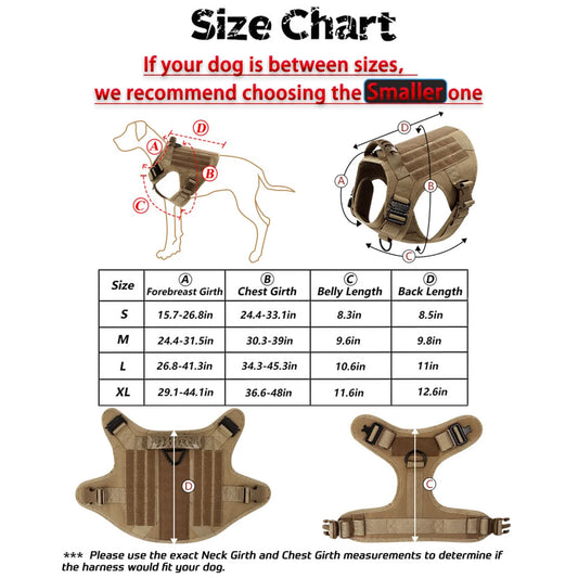 Size chart for the tactical dog harness with forebreast girth, chest girth, belly length and back length for sizes S, M, L and XL