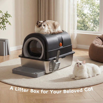Gray enclosed stainless steel cat litter box with step board and two white cats in a living room
