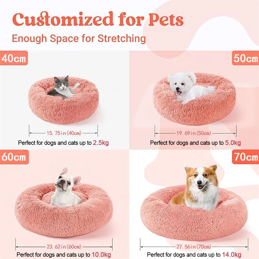 Size chart showing 40, 50, 60 and 70 cm donut pet beds with recommended pet weights