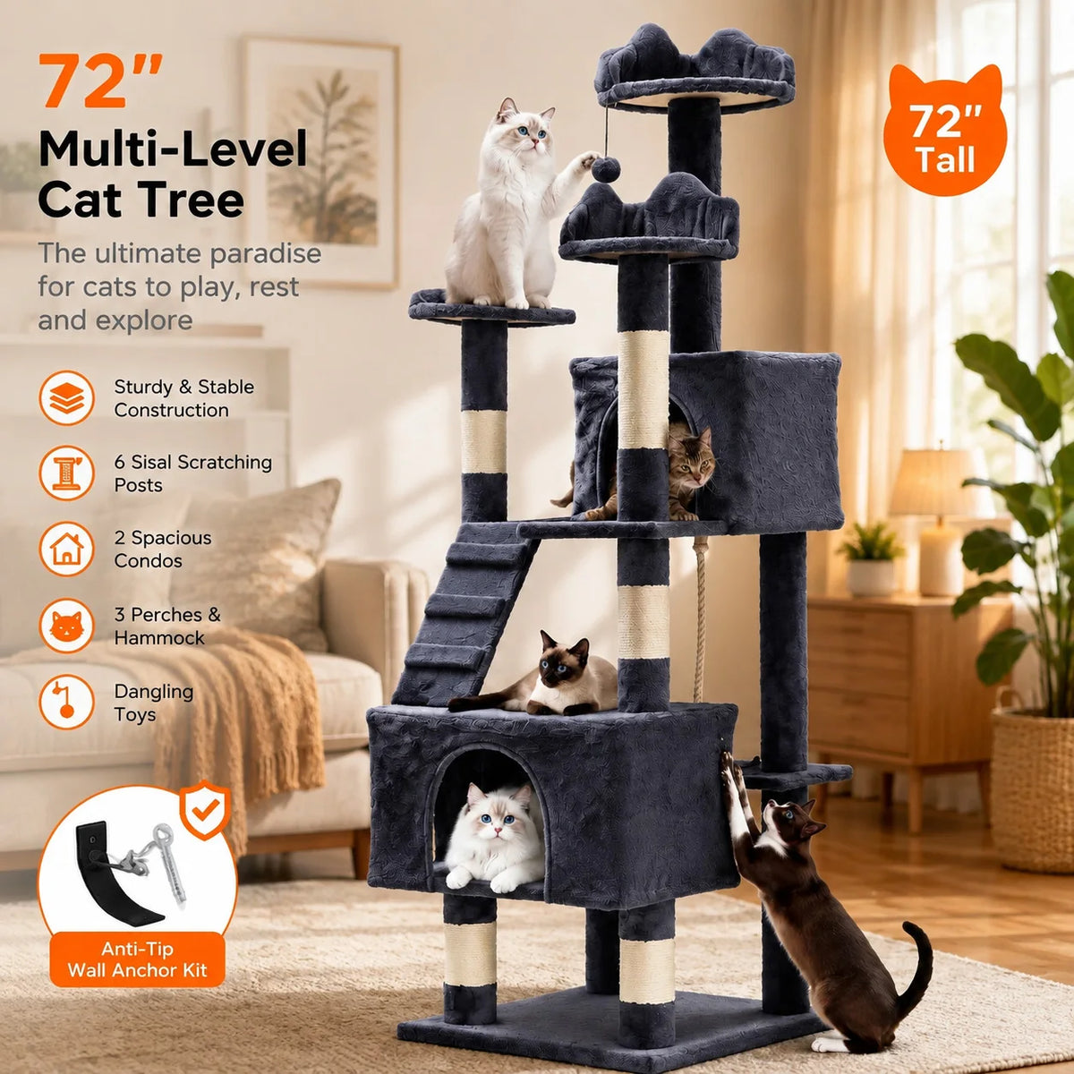 72-inch multi-level grey cat tree tower with six sisal scratching posts, two condos and plush perches in a living room