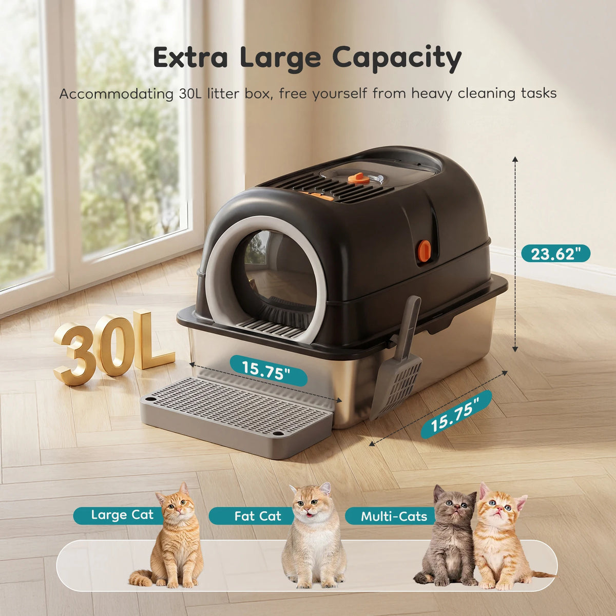 Litter box dimensions 23.62 by 15.75 by 15.75 inches with 30L capacity for large and multiple cats