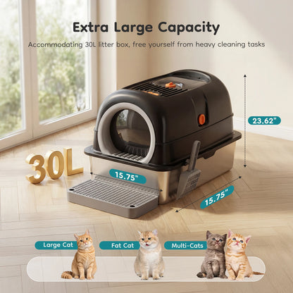 Litter box dimensions 23.62 by 15.75 by 15.75 inches with 30L capacity for large and multiple cats