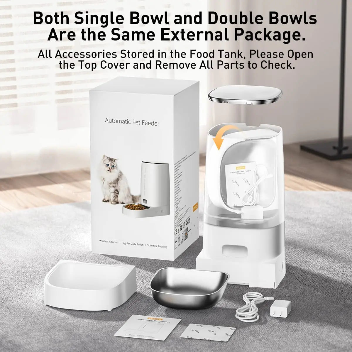 ROJECO automatic pet feeder retail box shown with the feeder, the single bowl and the stainless steel double bowl