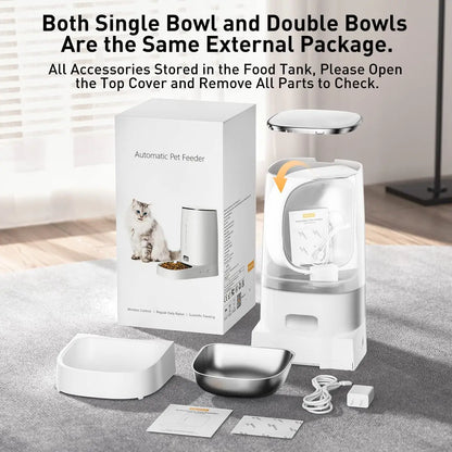 ROJECO automatic pet feeder retail box shown with the feeder, the single bowl and the stainless steel double bowl