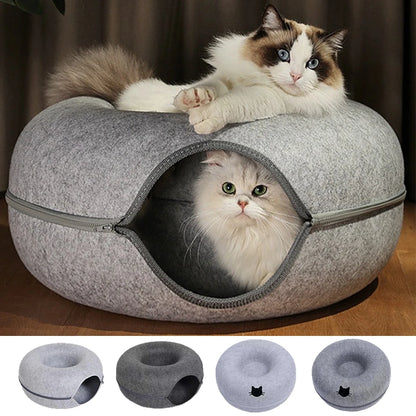 Light grey felt cat donut bed with two cats and four colour options shown below