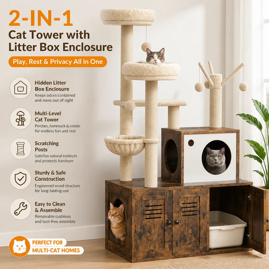 Feature overview of the 2-in-1 cat tower with hidden litter box enclosure, showing the brown cabinet base, cream plush perches and scratching posts