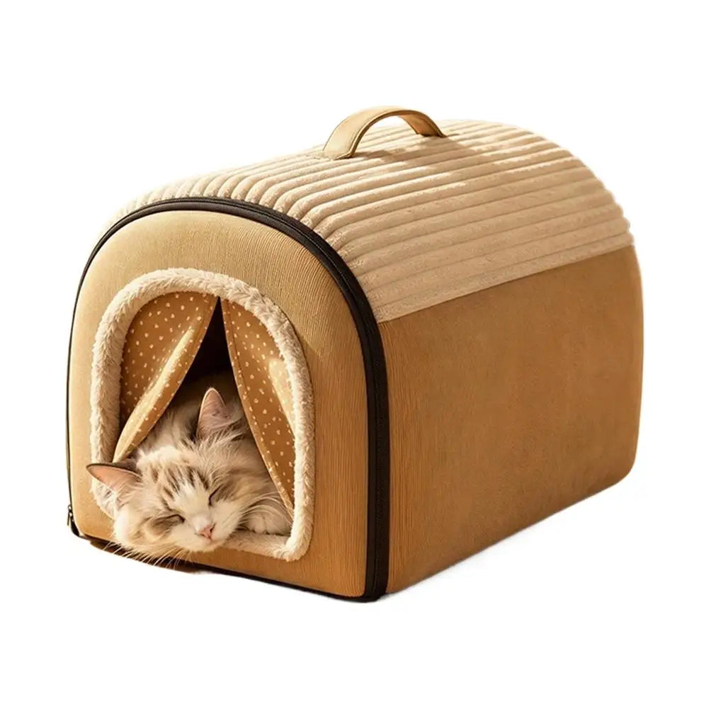 Brown corduroy cat cave bed with door curtain rolled up and a cat sleeping in the entrance
