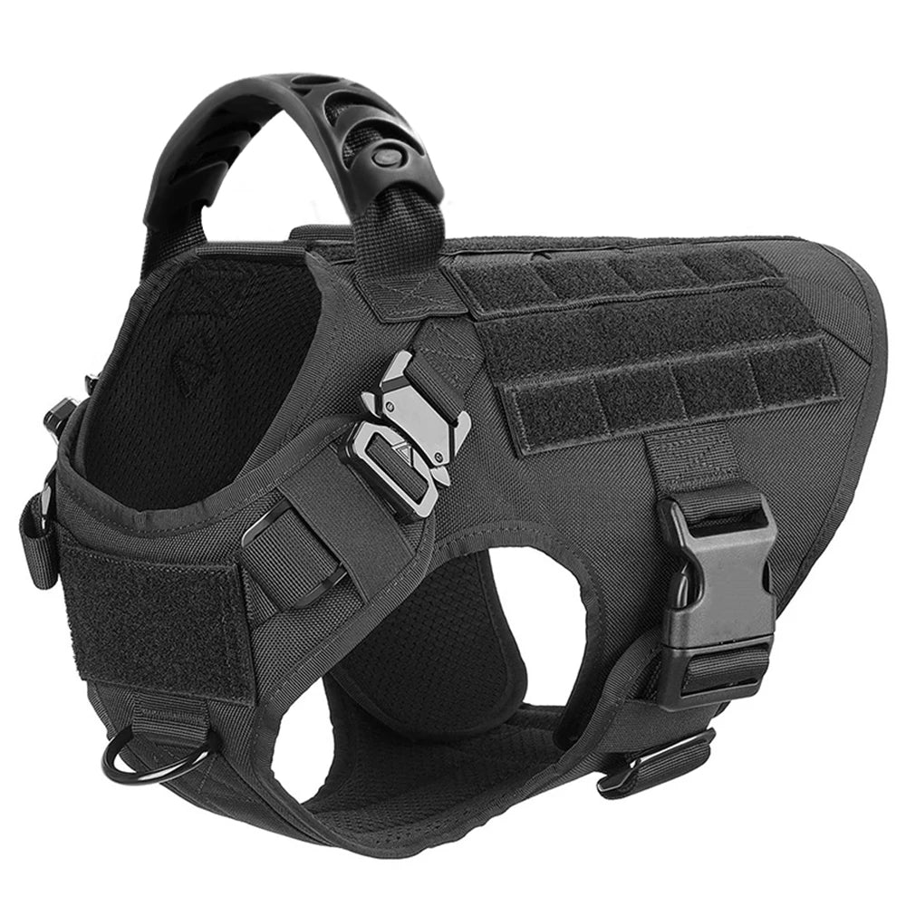 Black tactical dog harness shown alone with padded top handle, MOLLE panel and two quick-release buckles
