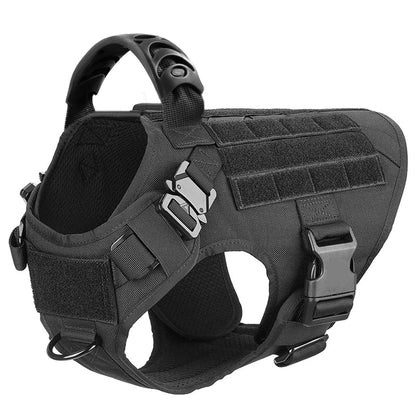 Black tactical dog harness shown alone with padded top handle, MOLLE panel and two quick-release buckles