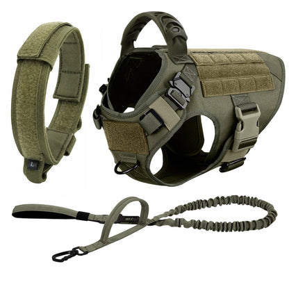 Green tactical dog harness three-piece set with padded collar, vest harness and bungee leash