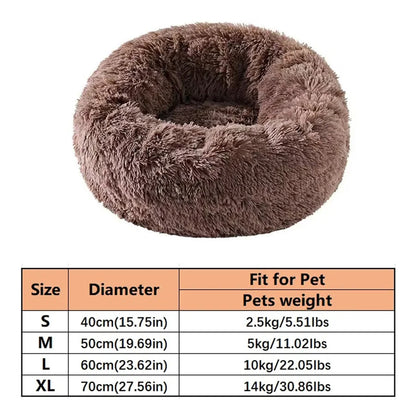 Khaki brown donut pet bed with a size table listing S to XL diameters and pet weight limits