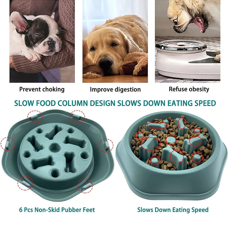 Infographic showing the slow feeder dog bowl maze columns and six non-skid rubber feet on the base