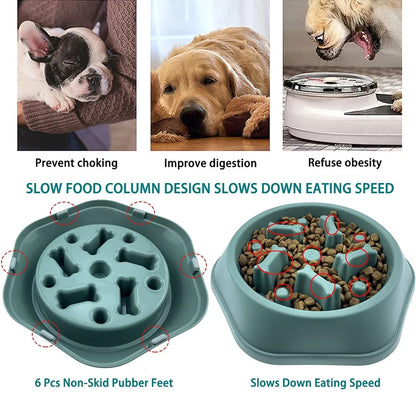 Infographic showing the slow feeder dog bowl maze columns and six non-skid rubber feet on the base