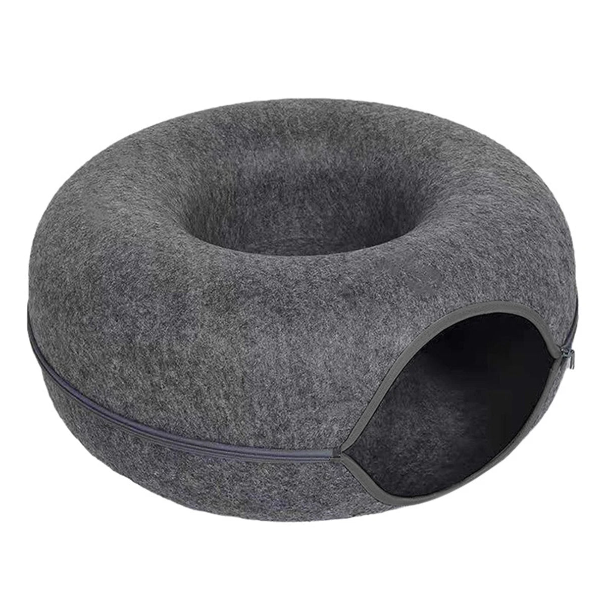 Dark grey felt cat donut tunnel bed on a white background showing the side entrance