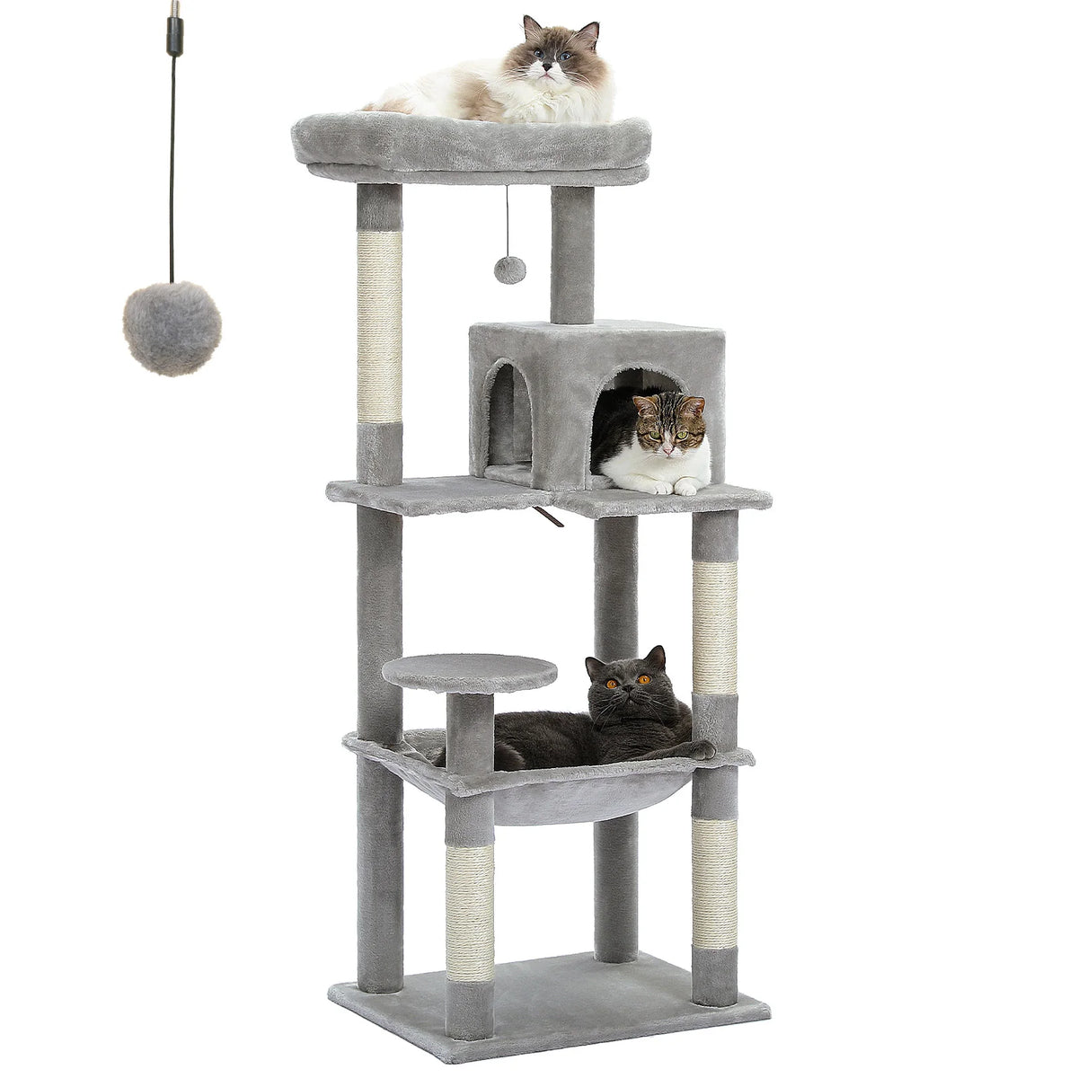 Light grey cat tree with three cats using the top perch, condo and hammock levels