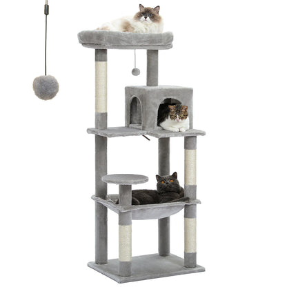 Light grey cat tree with three cats using the top perch, condo and hammock levels