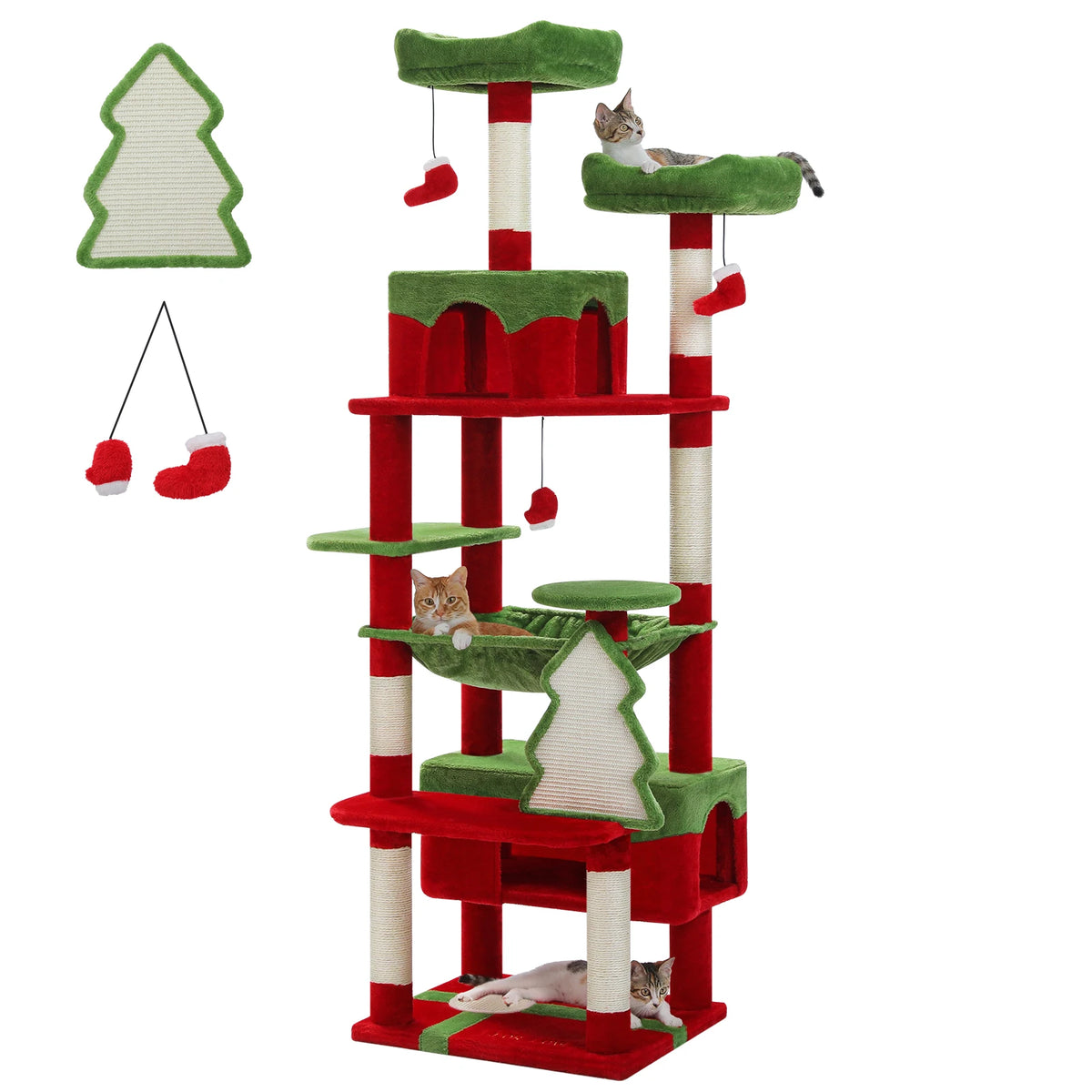 Red and green Christmas-themed cat tree with a tree-shaped sisal scratching board and stocking toys on a white background