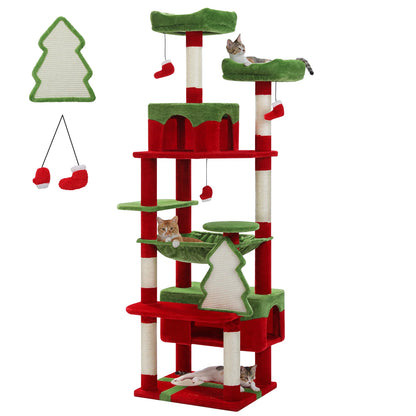 Red and green Christmas-themed cat tree with a tree-shaped sisal scratching board and stocking toys on a white background
