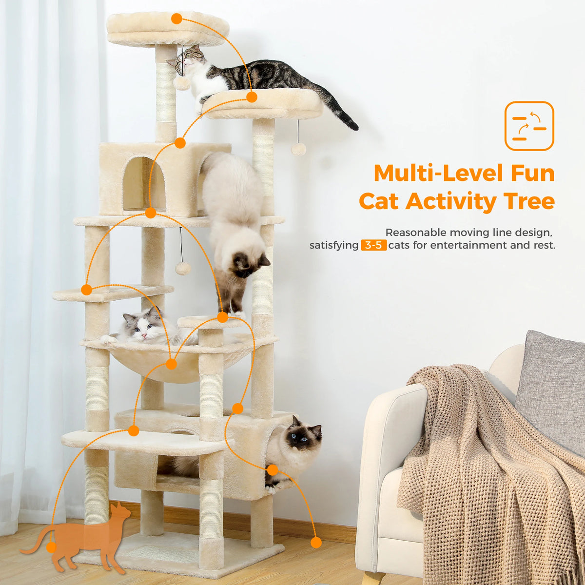 Multi-level cat activity tree infographic with orange lines tracing climbing routes between perches, condos and a hammock