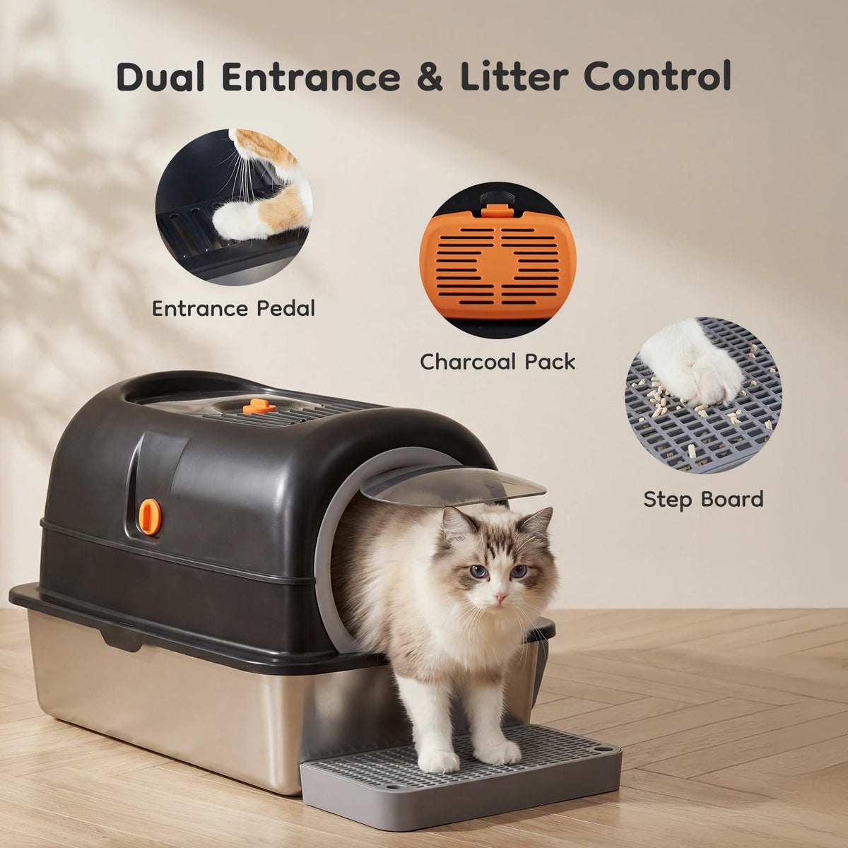 Diagram of the litter box entrance pedal, activated carbon pack and litter-filter step board