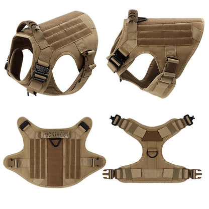 Four views of the brown tactical dog vest harness showing MOLLE panels, quick-release buckles and leash D-rings