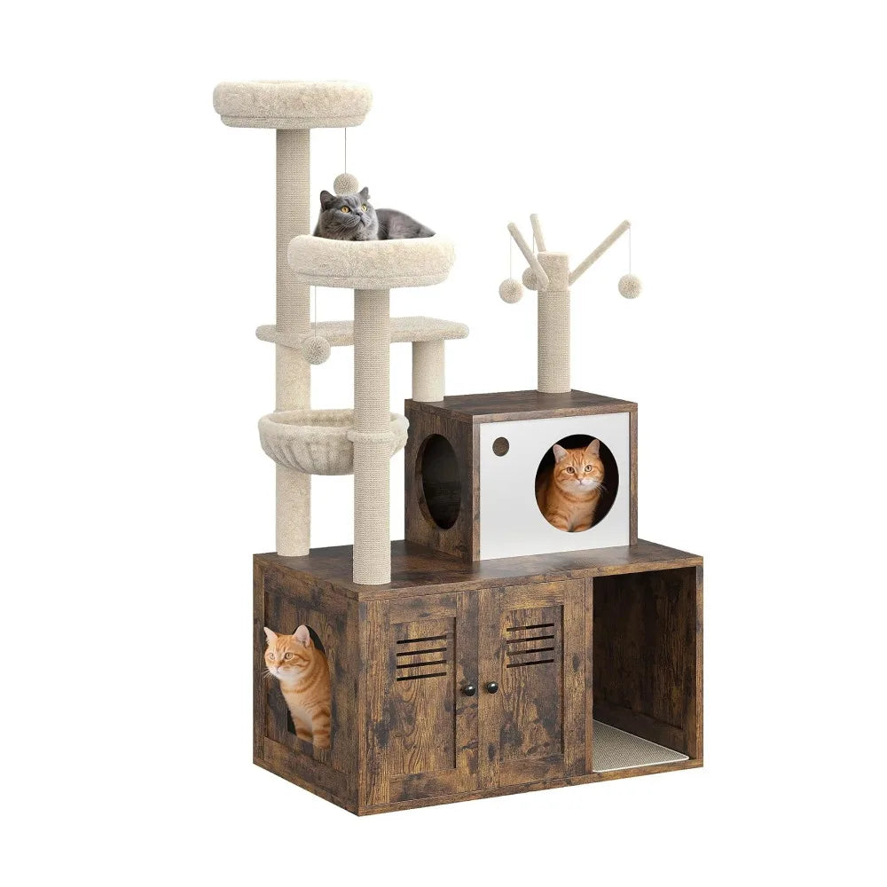 Brown 2-in-1 cat tower with hidden litter box enclosure on a white background, showing platforms, hammock, condo and scratching posts